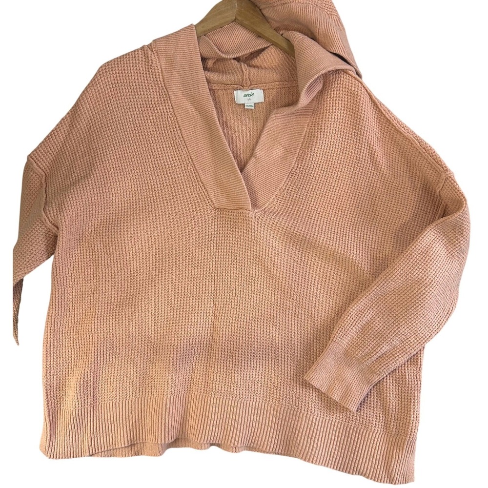 Aerie Peach Waffle Knit Oversized Hoodie Sweater L Coastal Grandmother Cozy